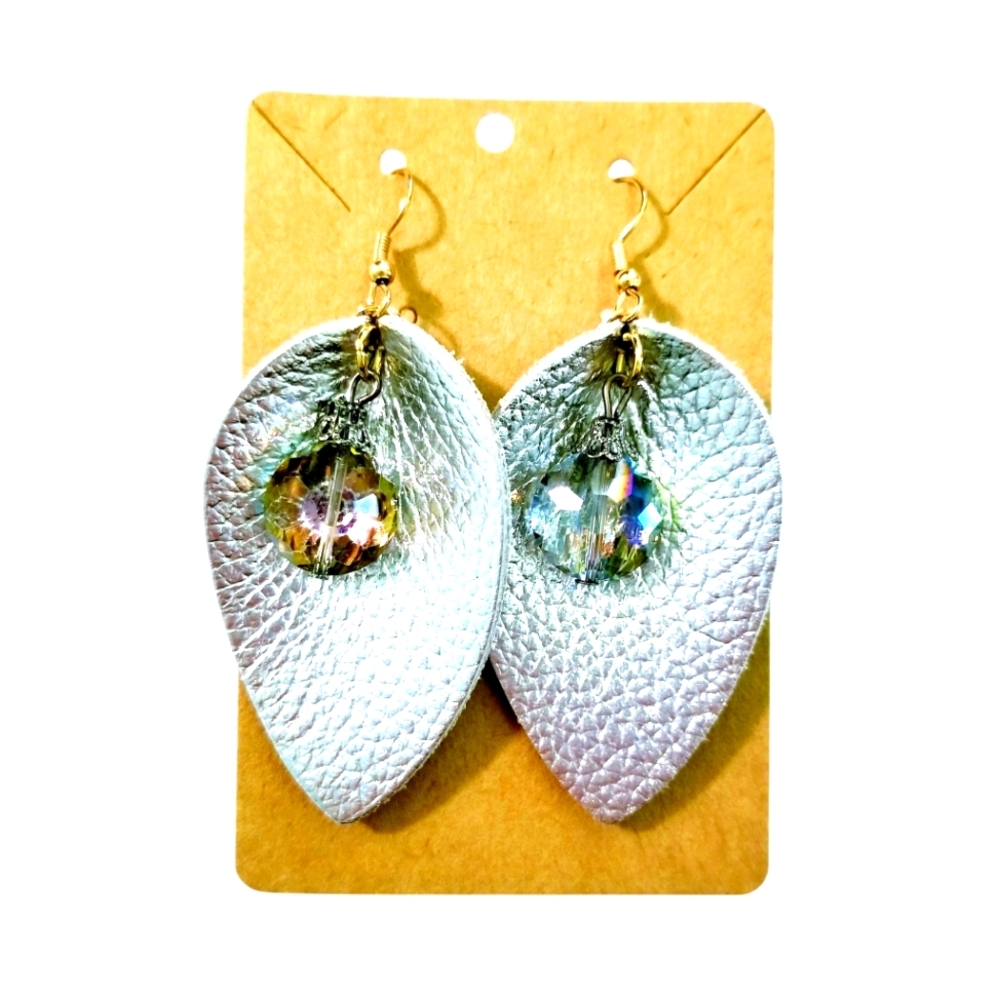 Metallic Silver Leather Leaf Earrings w/ Czech Iridescent Crystals. NWT